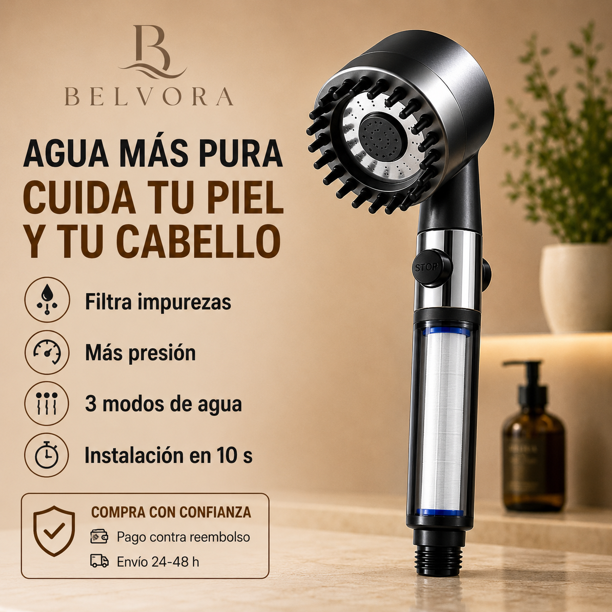 Cabezal de ducha con filtro Belvora
Más presión y agua filtrada