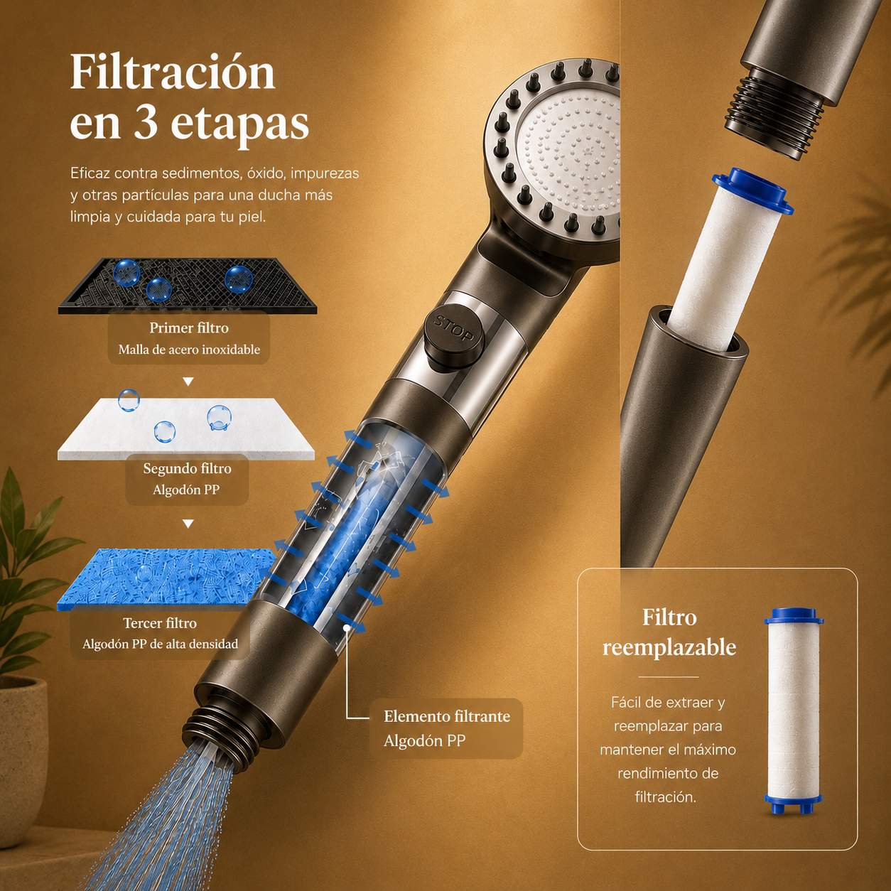 ⭐ Cabezal de ducha + 3 filtros
